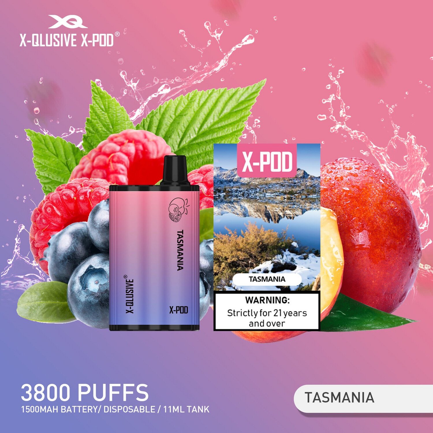 X-POD-TASMANIA.jpg X-QLUSIVE X-POD TASMANIA (Blueberry Raspberry Peach) – 3800 PUFFS - Image 1